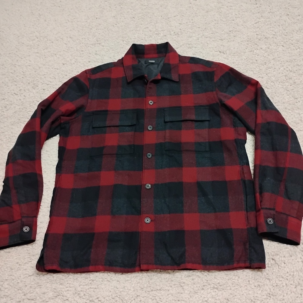 Theory Shirt Jacket Mens Large Red Buffalo Check Virgin Wool Flannel Mory NC
